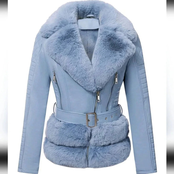 Jackets & Blazers - Women's Retro Faux Leather Jacket With Elegant Faux Fur Collar And Belt, Warm Wi